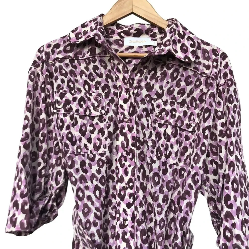 Zimmerman Super Eight Safari Leopard Print Silk Shirt Dress Belted Size 2 - Picture 5 of 6